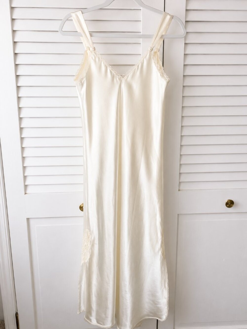 Vintage Jones New York Ivory Satin Lace Slip Dress Small Maxi Bias Cut Nightgown - Picture 5 of 6